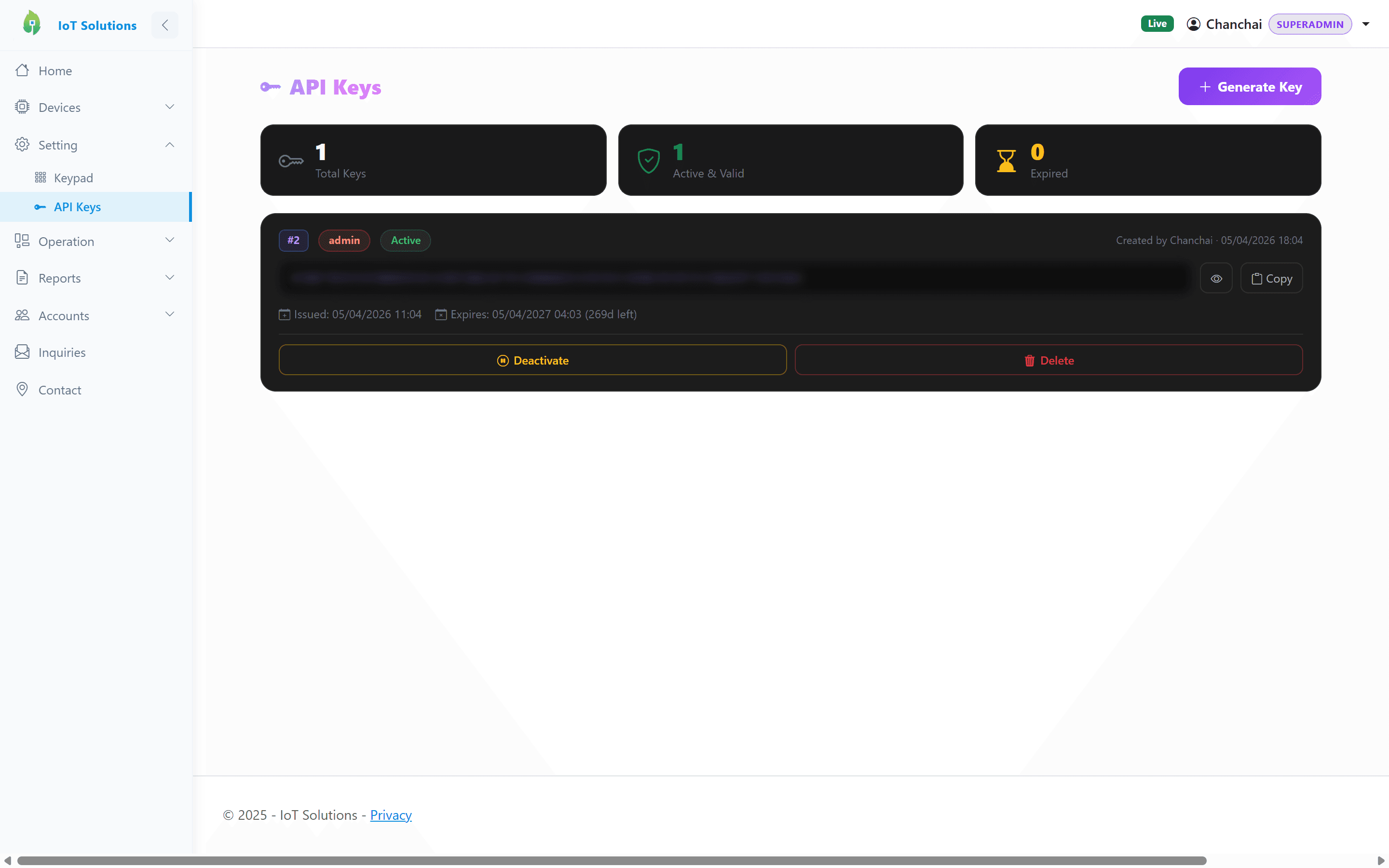 API Keys — ออกและจัดการคีย์สำหรับระบบภายนอก พร้อมวันหมดอายุ